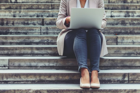 Woman working on laptop on stone stairsの素材