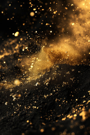 Golden dust and stars on a dark background.の素材