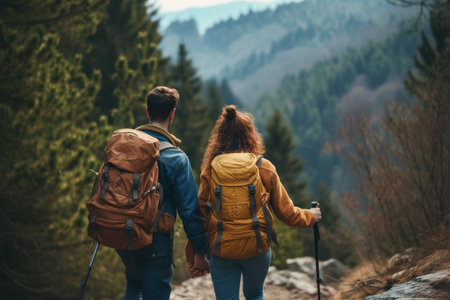 Couple walking hand in hand on a forest trailの素材