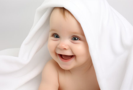 Smiling baby under a white towelの素材