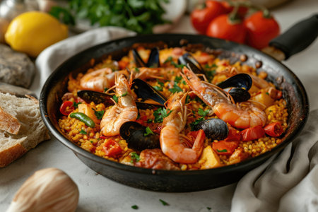 Seafood paella with lemon. Spanish cuisineの素材