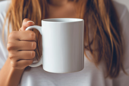 Woman holding a white mugの素材
