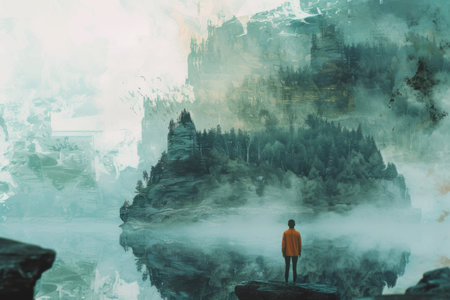 Man against a misty forest backdrop.の素材