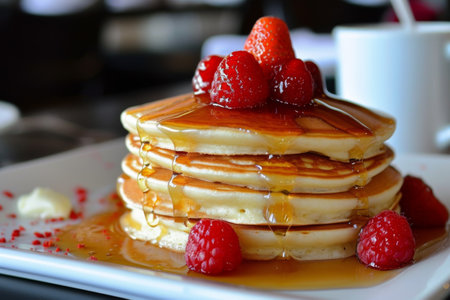 Pancakes with strawberries, raspberries and mint leaves on top, drizzled with maple syrup, on a white plateの素材
