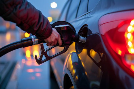 Evening refueling of car against city lights. refueling a car at a gas stationの素材
