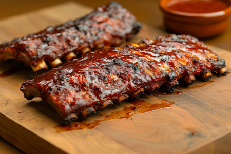 Grilled pork bbq ribs served with cherry tomatoes, basil and barbeque sauce on wooden cutting board on wood board. Close up.の素材