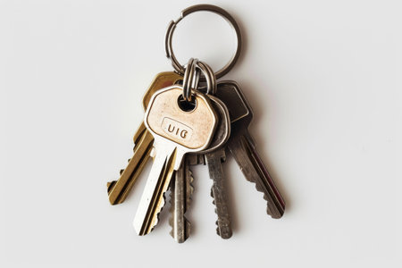 a bunch of door keys on a white background.の素材