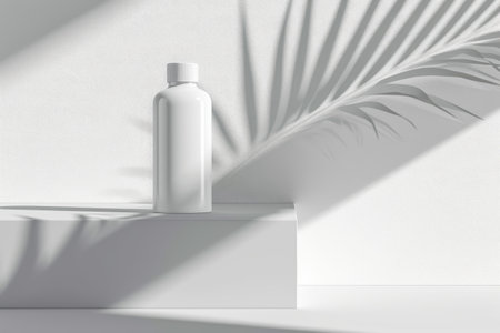 White bottle with natural oil and plant shadowの素材