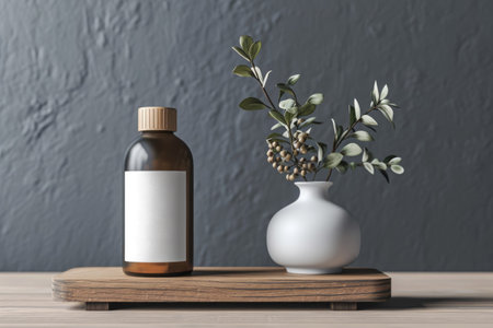 Bottle with organic essence on wooden stand next to vaseの素材