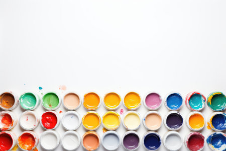 Pots of various colored paints on white background.の素材
