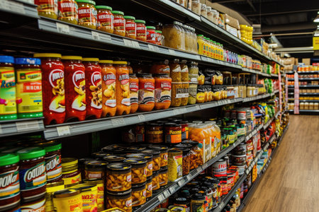 Canned goods and sauces on supermarket shelves.の素材
