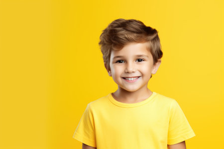 Child in yellow shirt joyfully smiling on yellow backgroundの素材