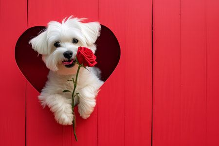 White dog with rose on red background.の素材