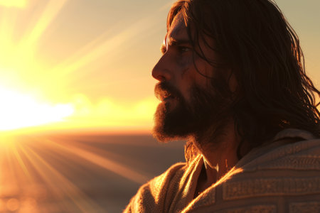 Jesus Christ against the background of the sunset rays of the sun.の素材