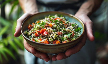 Person holding a bowl of vegetarian salad.の素材