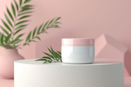 Cream in jar on pink background with green leavesの素材