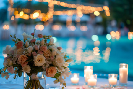 Romantic evening wedding table by the pool with lanterns.の素材