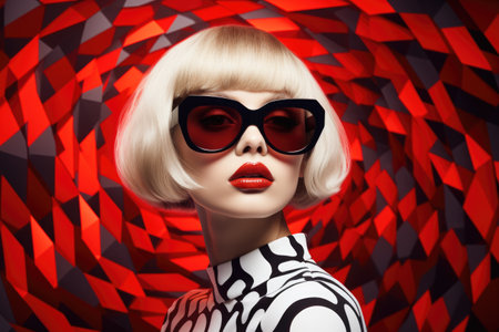 A model with a straight haircut wearing glasses against a red and black striped background.の素材