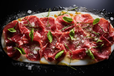 beef carpaccio with herbs and parmesan and olive oil.の素材