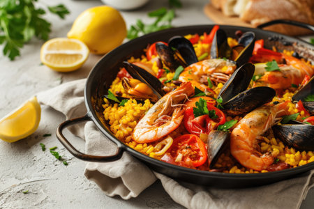 Seafood paella with lemon. Spanish cuisineの素材