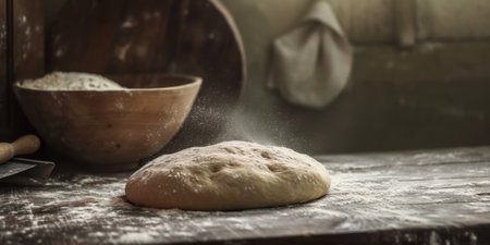 Dough on wooden board, rolling pin, flour on table.の素材