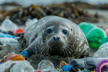 Seal among trash on the beach.の素材