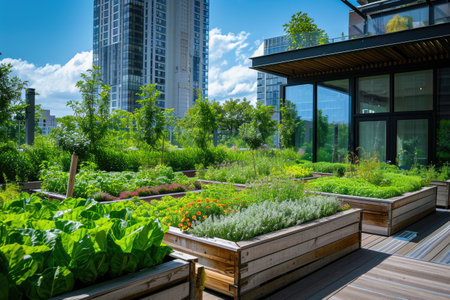 Urban garden on rooftop amidst high-rise buildingsの素材