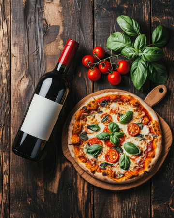 Pizza and wine, space for text.の素材