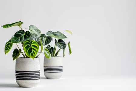Plants in geometrically patterned pots on a white tableの素材