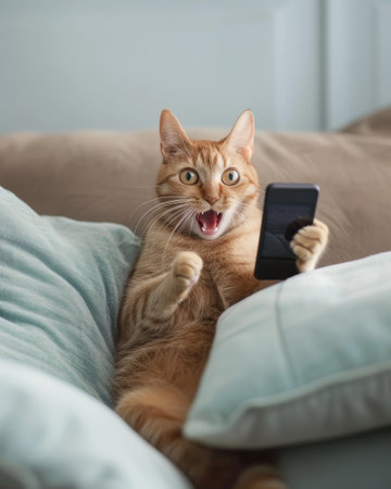 surprised Ginger cat with open mouth holding a smartphone.の素材