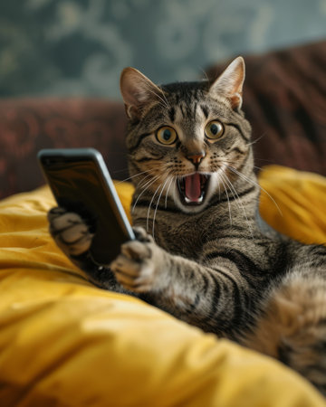 Surprised cat looking at smartphone with tongue out.の素材