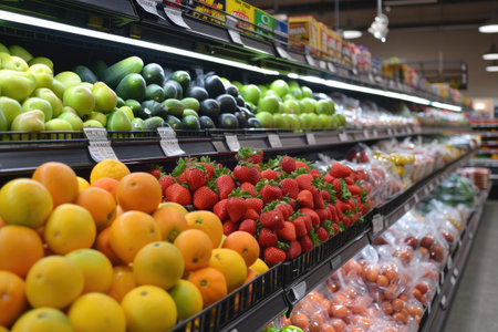 Fresh vegetables and fruits in a grocery store with a blurred background.の素材