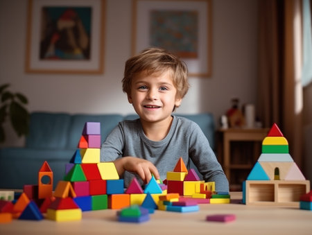 Child building a tower from wooden blocksの素材
