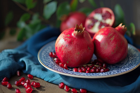 Sliced pomegranate on patterned plate with scattered seedsの素材