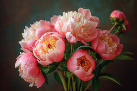Bouquet of pink peonies on dark background.の素材