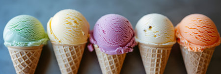 Various ice cream scoops in cones on a dark backgroundの素材