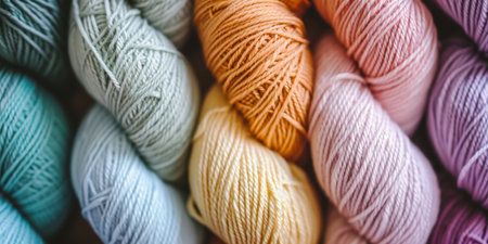 Multicolored yarn rolls top view.の素材