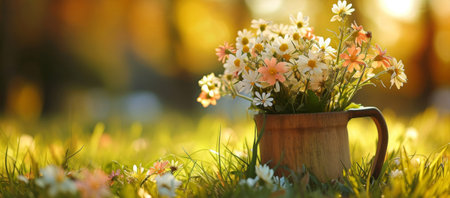 Basket of daisies on a sunny meadow.の素材