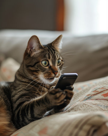 Tabby cat looking at smartphone and holding it with paws.の素材