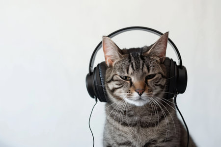 Serious cat wearing black headphones.の素材