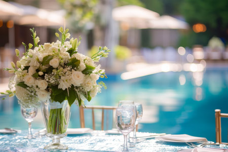Wedding ceremony by the pool overlooking nature.の素材