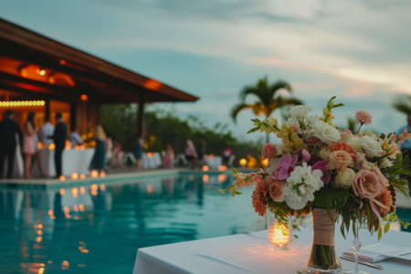 Romantic evening wedding table by the pool with lanterns.の素材