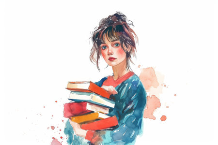 Cartoon girl carrying stack of books. A portrayal of curiosity and love for reading in the form of a child carrying a heavy stack of booksの素材