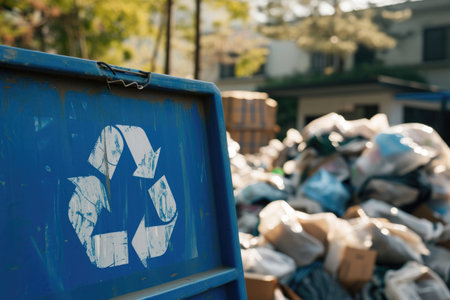 Blue recycling bin against trash backgroundの素材