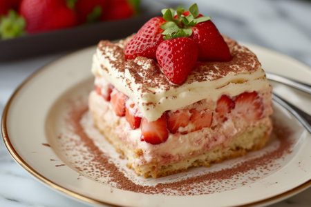 Slice of tiramisu with strawberries on a white dish.の素材