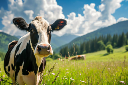 Cow in field with cloudy sky backgroundの素材