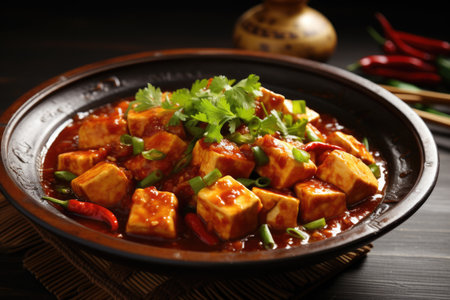 Spicy Ma Po Tofu on a wooden table.の素材