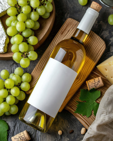 Bottle of white wine with a white label on a background of grapes and cheese.の素材
