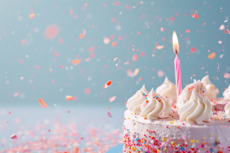 Cake with one candle and confetti. Birthday Wishの素材