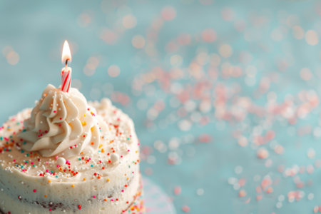 Cake with one candle and confetti. Birthday Wishの素材